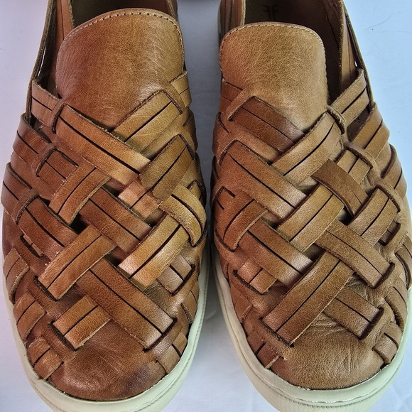 Frye lvy Camel Leather Huarache Woven Slip On Shoes White Soles Size 7.5 - Picture 3 of 11